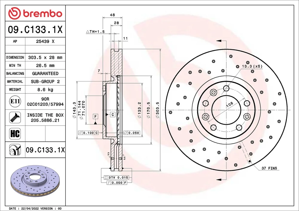 Brzdový kotouč BREMBO 09.C133.1X