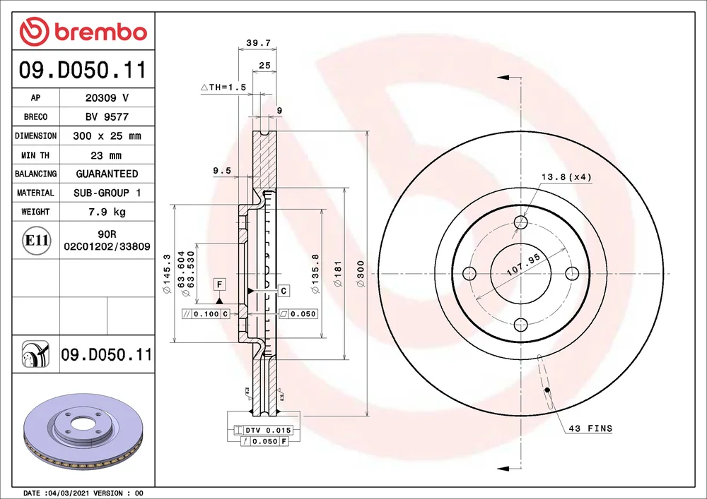 Brzdový kotouč BREMBO 09.D050.11