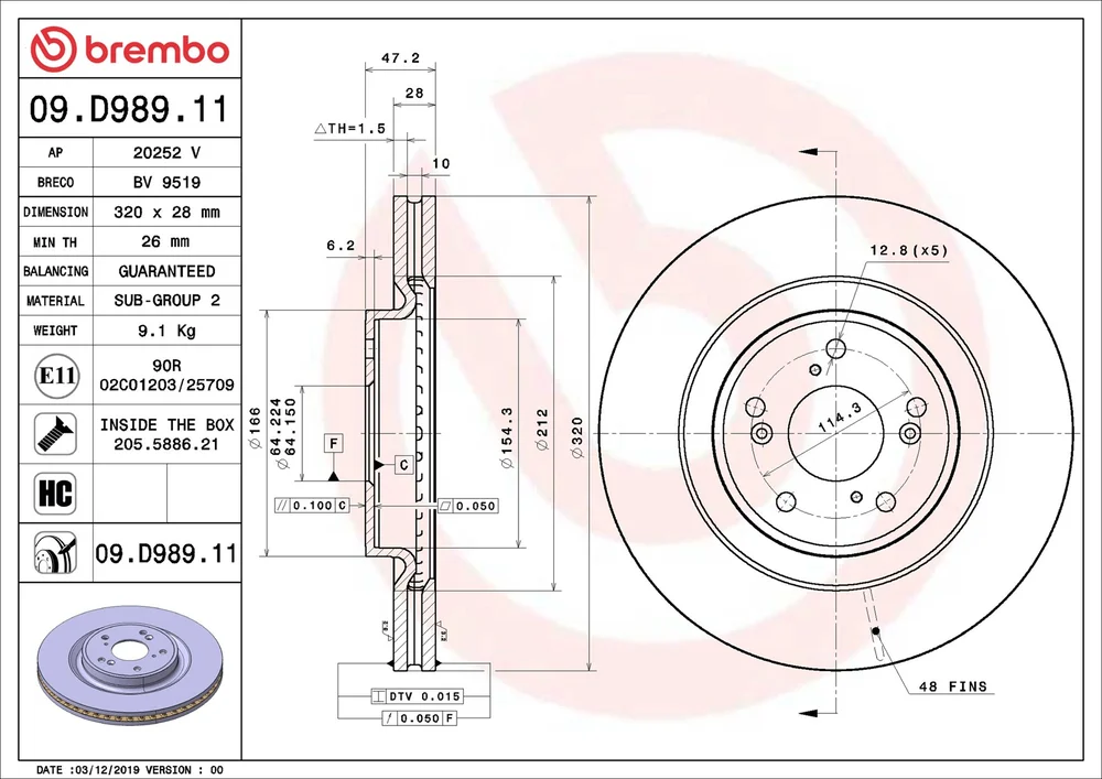 Brzdový kotouč BREMBO 09.D989.11 – OE 45251TNYE01