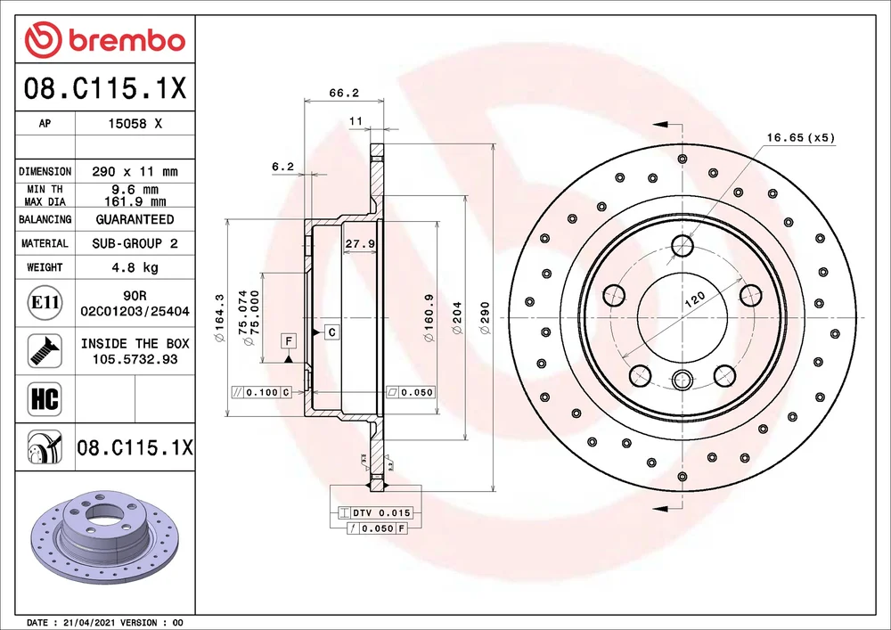 Brzdový kotouč BREMBO 08.C115.1X – OE 34216792225